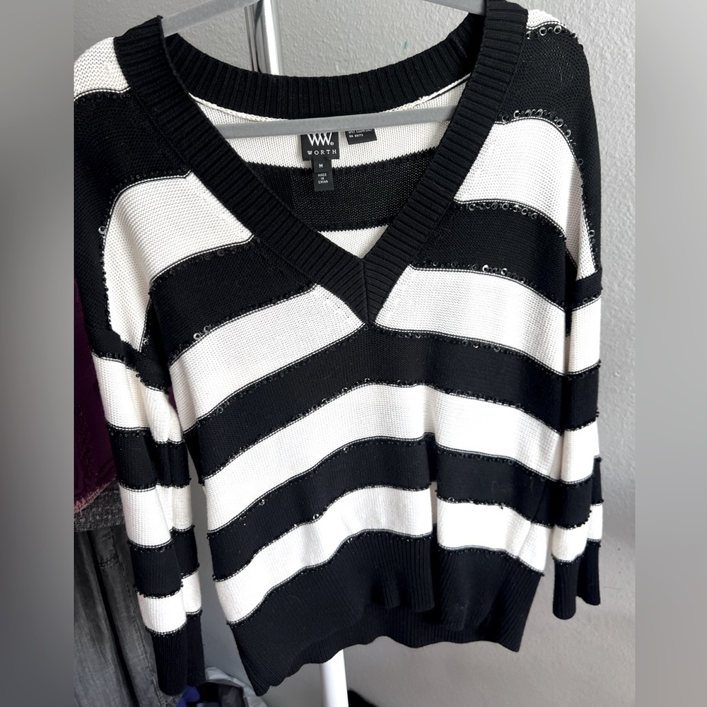 Worth V-neck sweater with sequin trim - black and white stripe